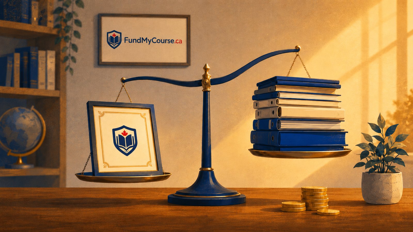 Illustration of a balance scale weighing a single certificate against a stack of course booklets, with coins beside it