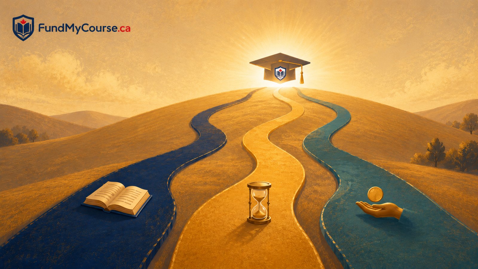 Illustration of three winding paths, marked by an open book, an hourglass, and a hand holding a coin, leading to a graduation cap