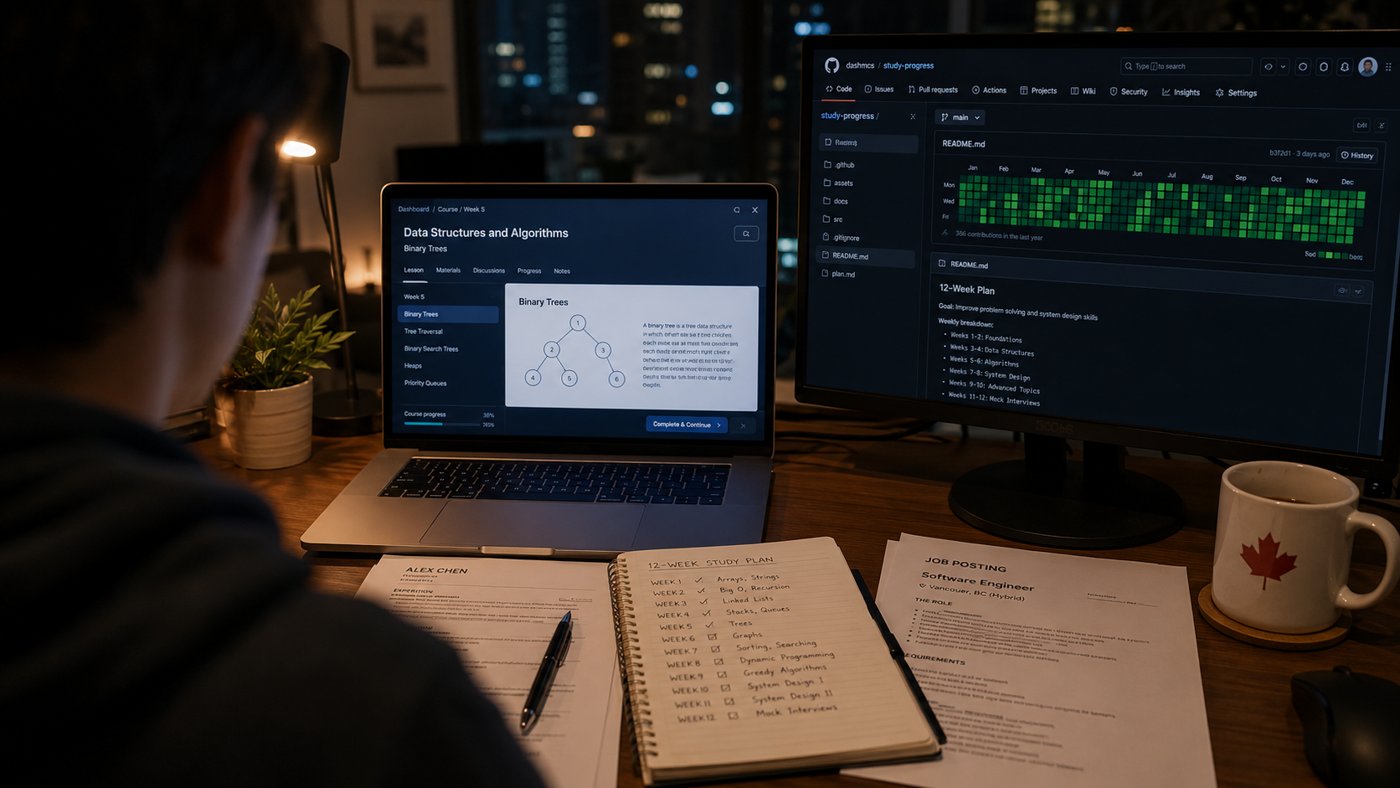Desk with a course dashboard on a laptop, a GitHub project on a second monitor, a printed resume and a Canadian job posting