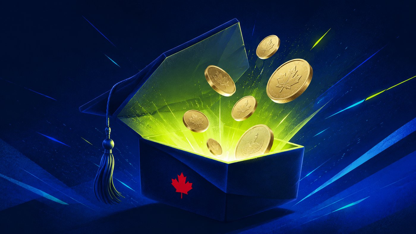 Graduation cap opening like a treasure chest with Canadian dollar coins rising out